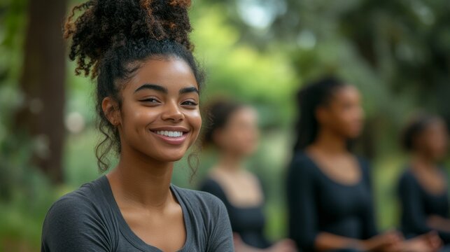 Young Woman Smiles Outdoors With Friends In Background