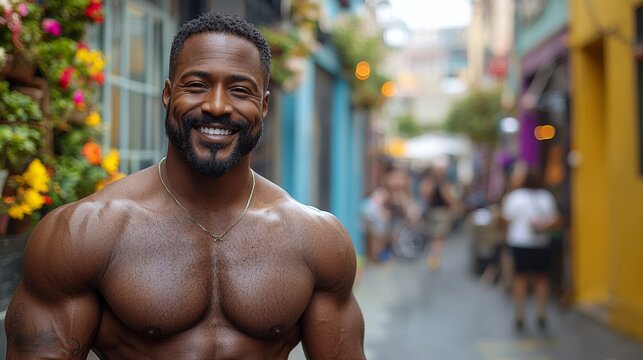Smiling athletic man in vibrant street with colorful flowers and shops