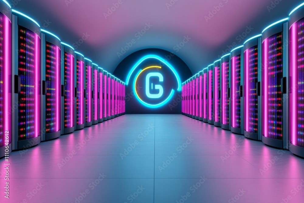 Aufkleber Abstract server room filled with bright neon lights in shades of blue and pink, creating a high-tech atmosphere with digital data flow Realistic 3D vector illustration
