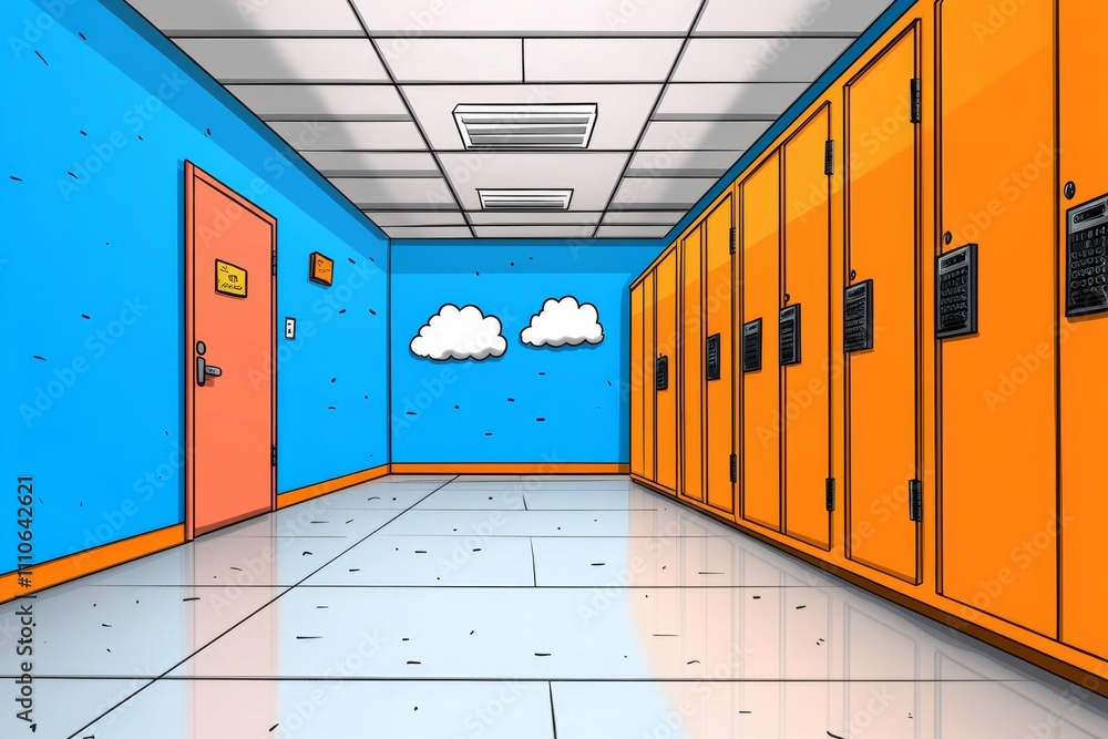 Aufkleber Advanced server room with digital equipment for cryptocurrency mining, blockchain networking, and cloud storage, drawn as a sleek vector cartoon illustration