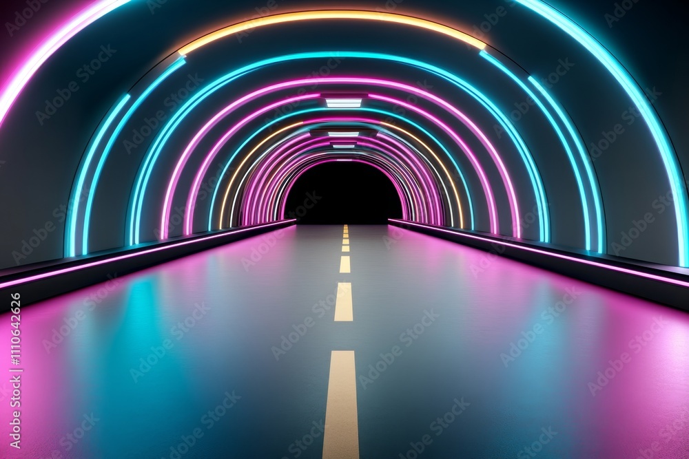 Poster Abstract server room filled with bright neon lights in shades of blue and pink, creating a high-tech atmosphere with digital data flow Realistic 3D vector illustration