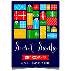 Christmas Secret Santa party and gift exchange invitation banner or poster with various present boxes on background. Ready for web or print publishing vector illustration.