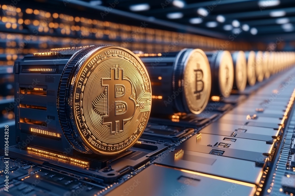 Fototapete Cryptocurrency mining platform set in a high-tech server room with blockchain elements and glowing equipment, presented in a futuristic cartoon illustration