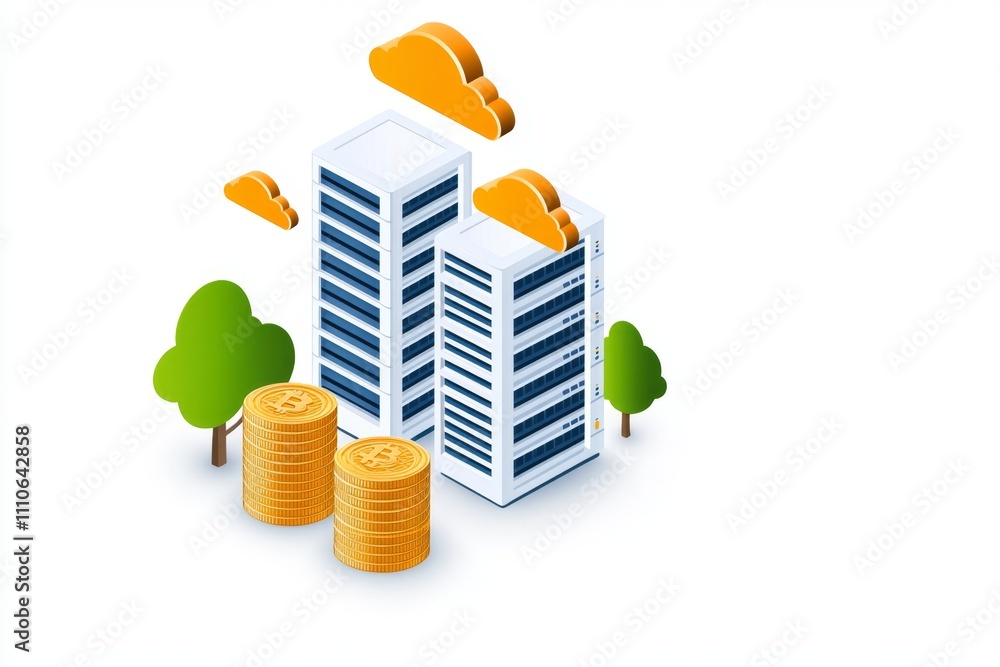 Poster data storage facility with digital hardware racks and cloud computing icons, showcasing the modern t