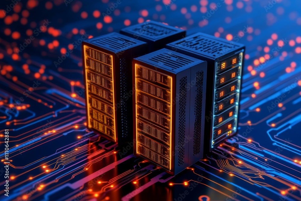 Poster data storage facility with digital hardware racks and cloud computing icons, showcasing the modern t