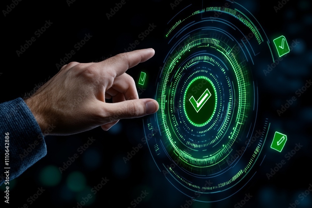 Poster digital approval concept with hands interacting with a virtual screen displaying document icons, gre