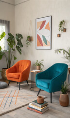 modern living room interior design, orange and teal velvet armchairs.