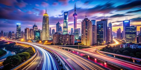 Obraz premium Captivating Highway View Leading to the Vibrant Cityscape of Shanghai, Showcasing Modern Architecture and Urban Life in One of China’s Most Dynamic Metropolises