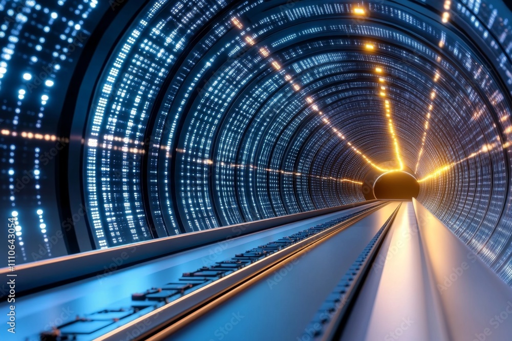 Poster futuristic server blocks glowing in bright neon blue and pink, creating an abstract tunnel of digita