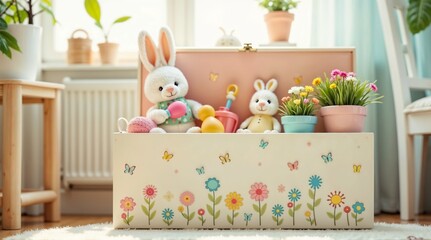Fancy stuffed toys in a decorative storage box in a bright playroom