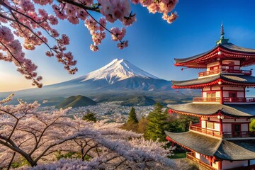Fototapeta premium Captivating Japanese Landscapes: Cherry Blossoms, Mount Fuji, and Traditional Temples in High Depth of Field Showcasing the Beauty of Japan's Nature and Culture