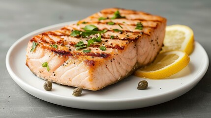 Grilled Swordfish Steaks with capers and lemon in  Elegant waterfront dining, Meat photography