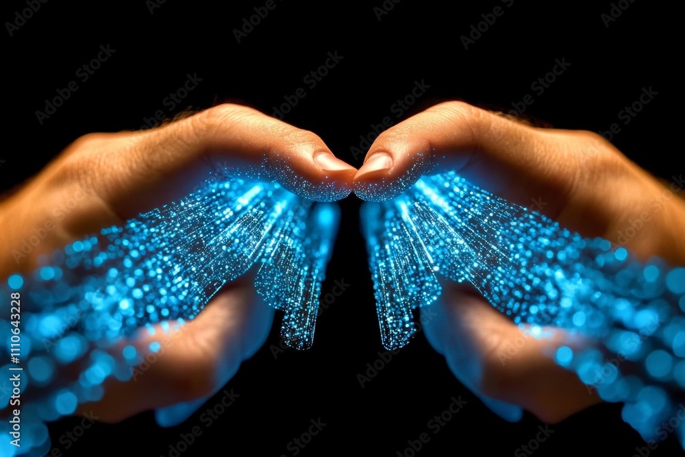 Aufkleber Hands navigating on a touchscreen with digital document icons, approval check marks, and a sleek futuristic blue overlay, representing online validation processes