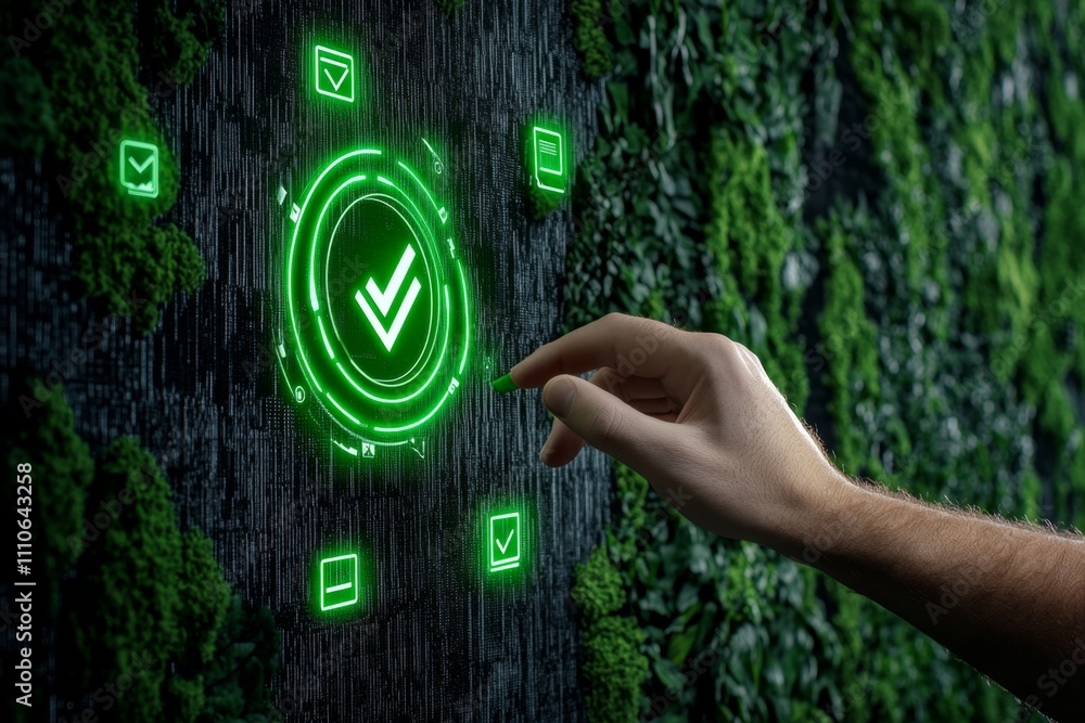 Aufkleber Hands using a tablet with floating digital folder icons and a green check mark, highlighting secure online document approval on a futuristic blue interface background