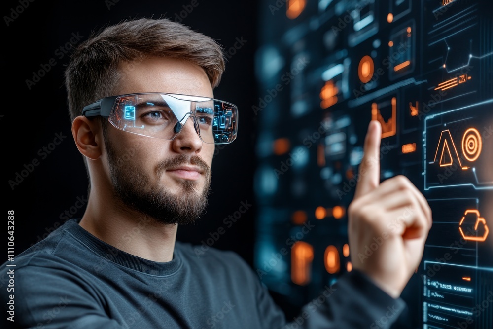 Poster Holographic display of agile development steps with task breakdowns, progress metrics, and sprint goals, set against a futuristic technology background