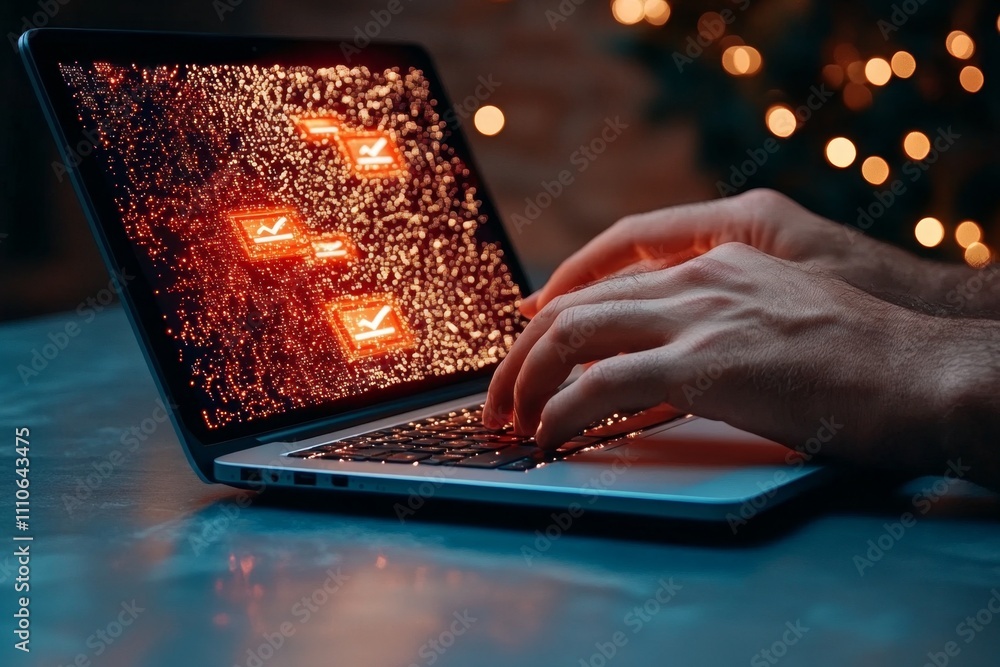 Poster Laptop with hands typing and floating holographic documents and check marks, futuristic blue glow showcasing online approval workflow