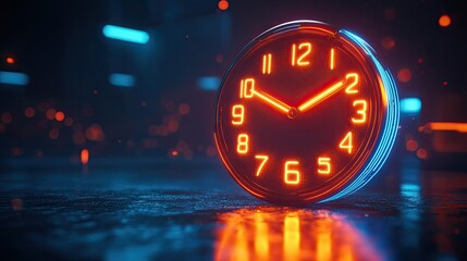 A futuristic light effect of a digital clock. An illustration of a neon neon clock with a blue background.