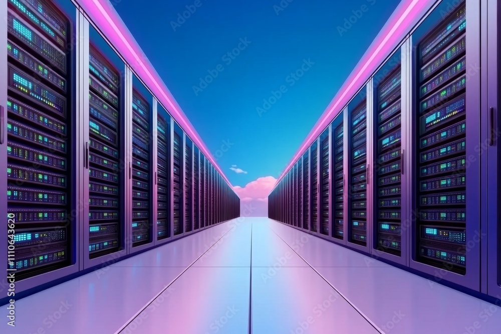 Poster modern datacenter filled with illuminated servers, showcasing cloud storage and database management,
