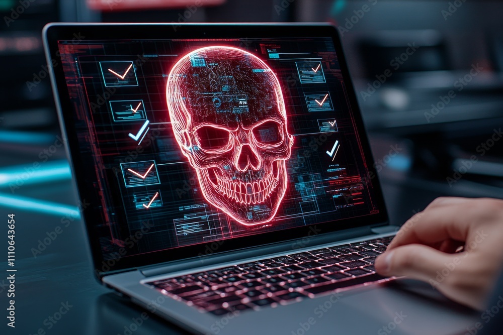 Poster modern laptop with a person typing, surrounded by holographic document icons and check marks, glowin