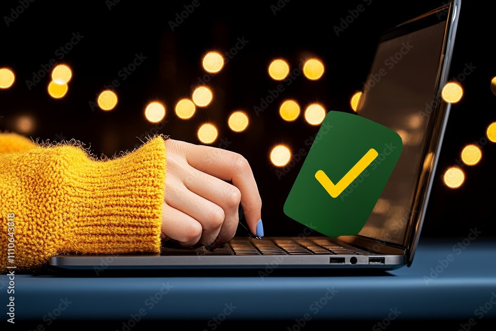 Poster Person working on a laptop with animated digital files and check mark approvals, on a vibrant blue and tech-inspired background, symbolizing secure online document processing
