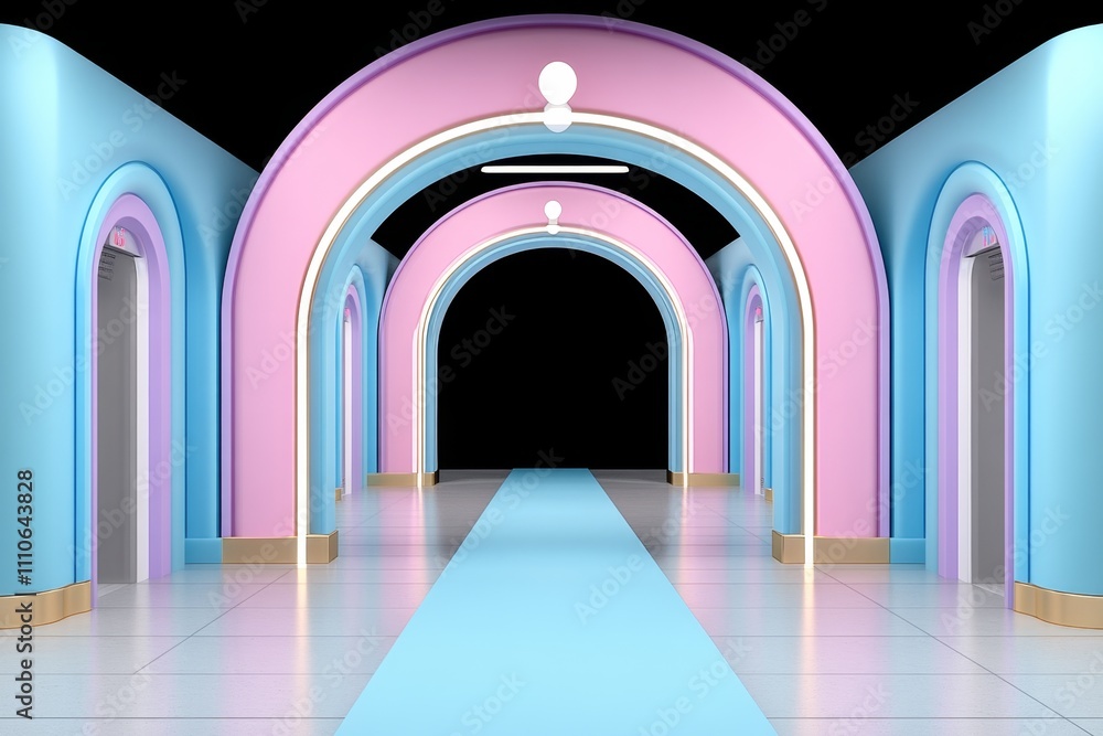 Poster Neon-lit data center tunnel with glowing server blocks in vibrant blue and pink, showcasing futuristic database and information systems Realistic 3D vector illustration