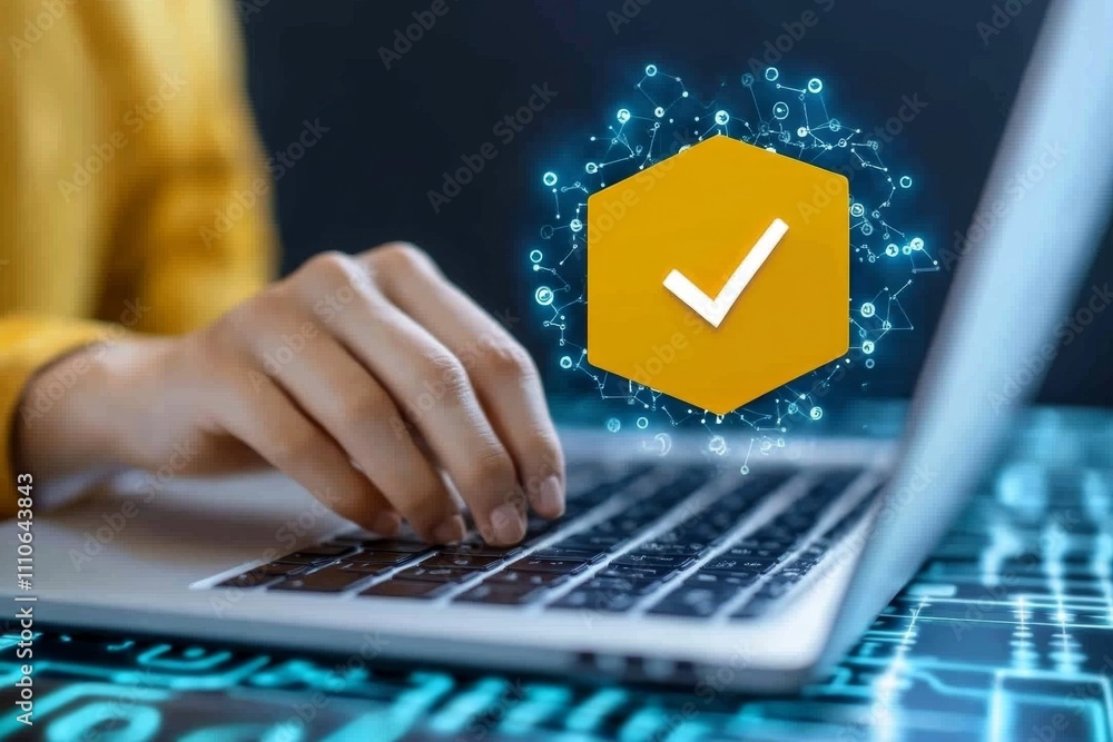 Aufkleber Person working on a laptop with animated digital files and check mark approvals, on a vibrant blue and tech-inspired background, symbolizing secure online document processing