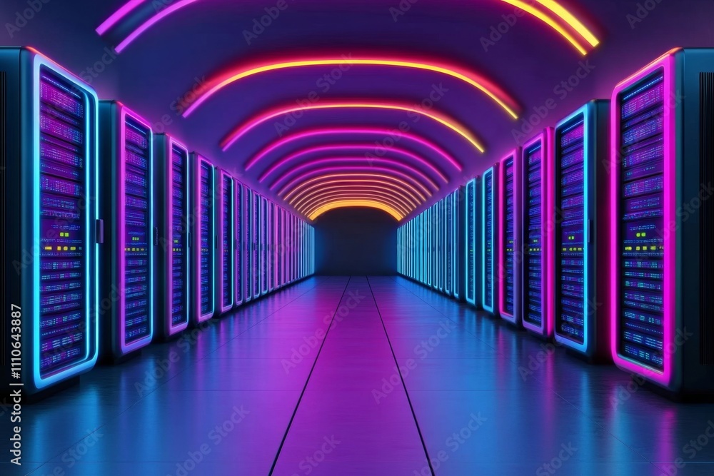 Poster Neon-lit data center tunnel with glowing server blocks in vibrant blue and pink, showcasing futuristic database and information systems Realistic 3D vector illustration