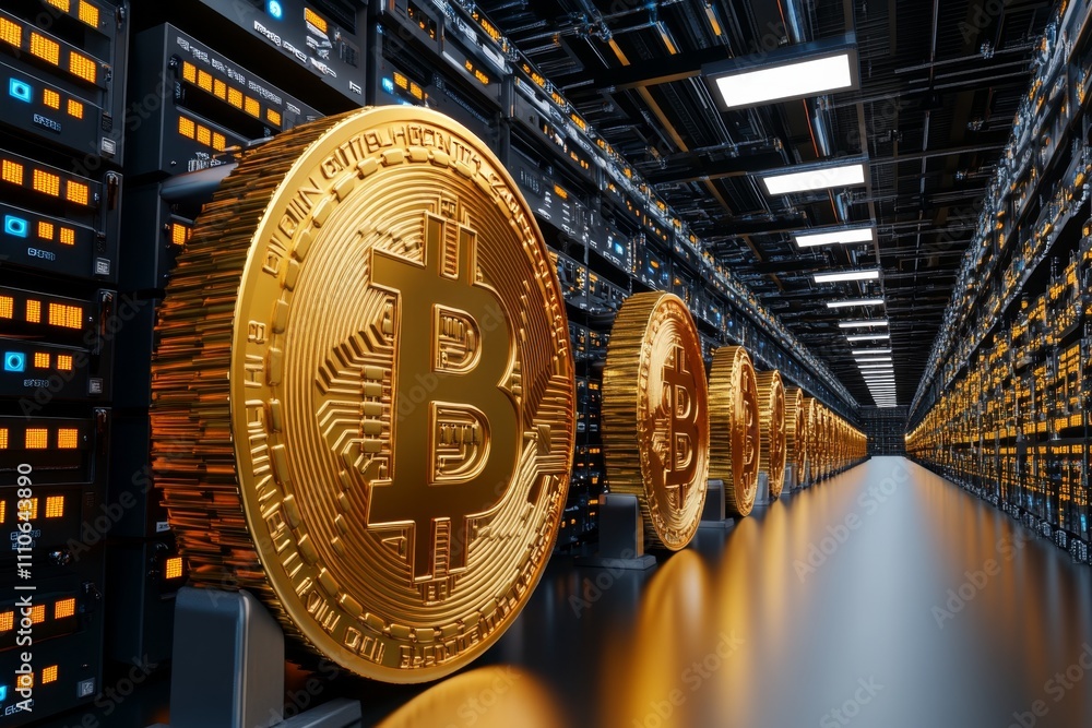 Poster server room featuring high-tech data racks and mining equipment, emphasizing blockchain technology a