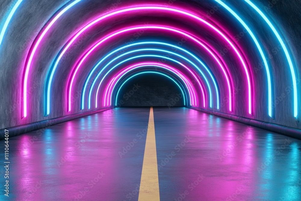 Poster Tunnel of glowing neon server racks in blue and pink light, representing futuristic data management and digital information systems Realistic 3D vector illustration