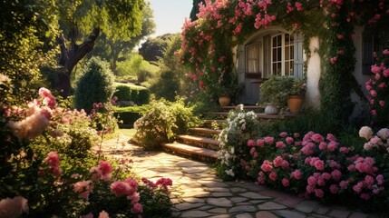 Naklejka premium A photo of a cottage-style garden with climbing roses