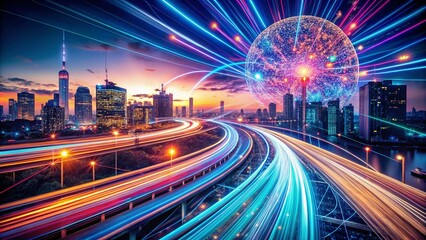 Fototapeta premium Captivating Long Exposure Imagery Illustrating the Intersection of Artificial Intelligence and Machine Learning in a Futuristic Digital Landscape