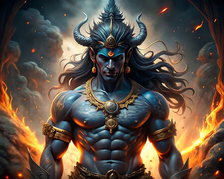 A digital painting of a powerful, blueskinned Hindu deity with horns, ornate jewelry, and a muscular physique.