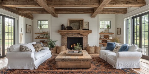 A beautifully decorated rustic living room with a cozy wooden interior, featuring white couches, a brick fireplace, and large windows offering natural light.