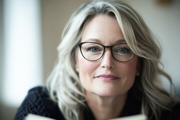 Obraz premium Confident Woman Smiling and Reading Book in Cozy Setting for Enhanced Relaxation and Inspiration