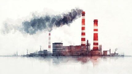 Obraz premium Industrial landscape with smokestacks emitting pollution on a misty background.
