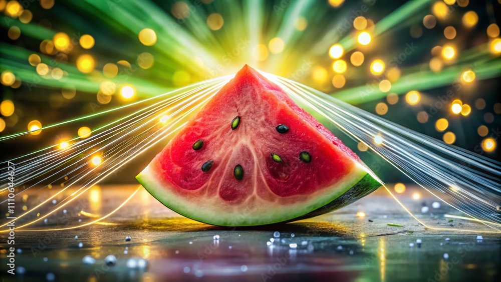 Poster captivating long exposure of a juicy watermelon slice with glowing light trails and a refreshing sum