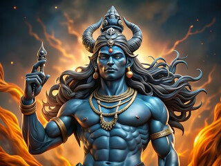 Fototapeta premium powerful blue hindu god shiva, fiery background, digital art.