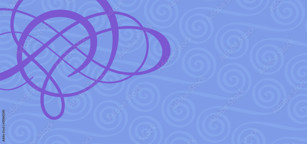 Poster abstract design featuring purple swirls and curved lines over a textured light blue background. crea