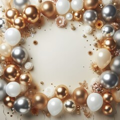 Festive and elegant layout with a collection of gold, silver, and white balloons clustered at the top
