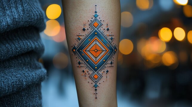Geometric Tattoo Art with Vibrant Orange Diamond Design - Powered by Adobe