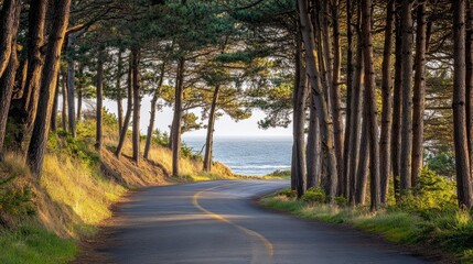 Obraz premium A winding coastal road lined with tall pine trees, with the ocean visible through the trees. 
