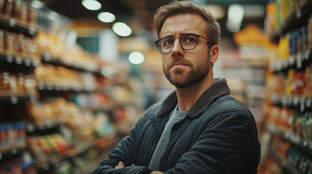 Man with Glasses Standing in Grocery Aisle