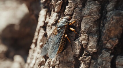Cicada resting on tree bark, minimal desert-like background 