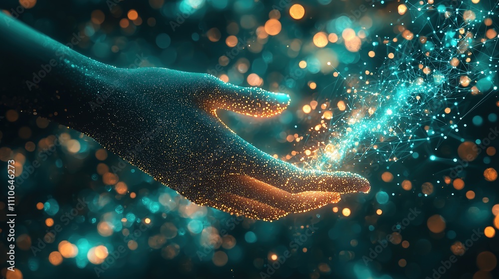 Poster digital hand surrounded by glowing particles and network connections in a futuristic setting.
