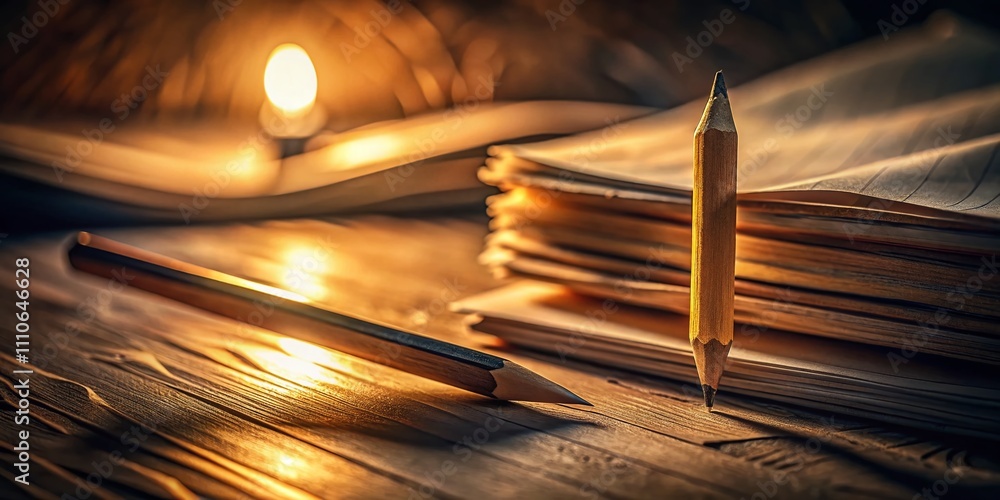 Poster captivating low light photography of a 2d rendering of a pencil resting on documents, showcasing fin