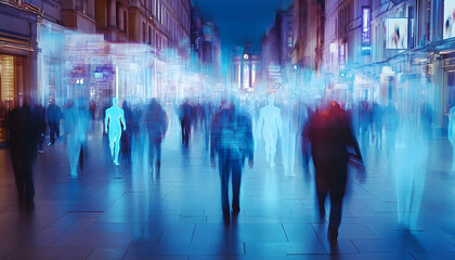 Obraz premium Abstract image of blurred city crowd at night with translucent figures overlaid, conveying a sense of urban anonymity and digital overlay.