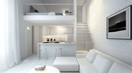 Modern Minimalist Loft Apartment Design: All-White Interior with Loft Bed and Open Kitchen