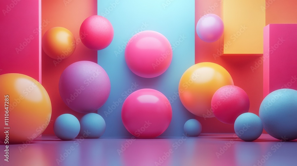 Poster colorful abstract composition of spheres and cubes in a vibrant studio setting creating a playful an
