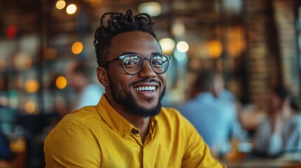 Fototapeta premium Happy Young Man Wearing Glasses Smiles in Cafe