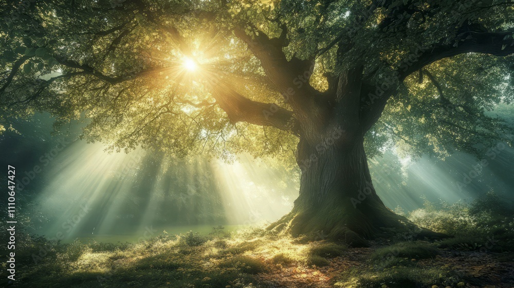 Aufkleber rays of light breaking through the branches of a tree, creating a sunlit spot on the ground